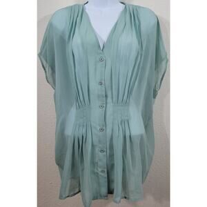 Abito Light Green Sheer Pleated Batwing Button Up Top XL Lightweight Flowy Soft